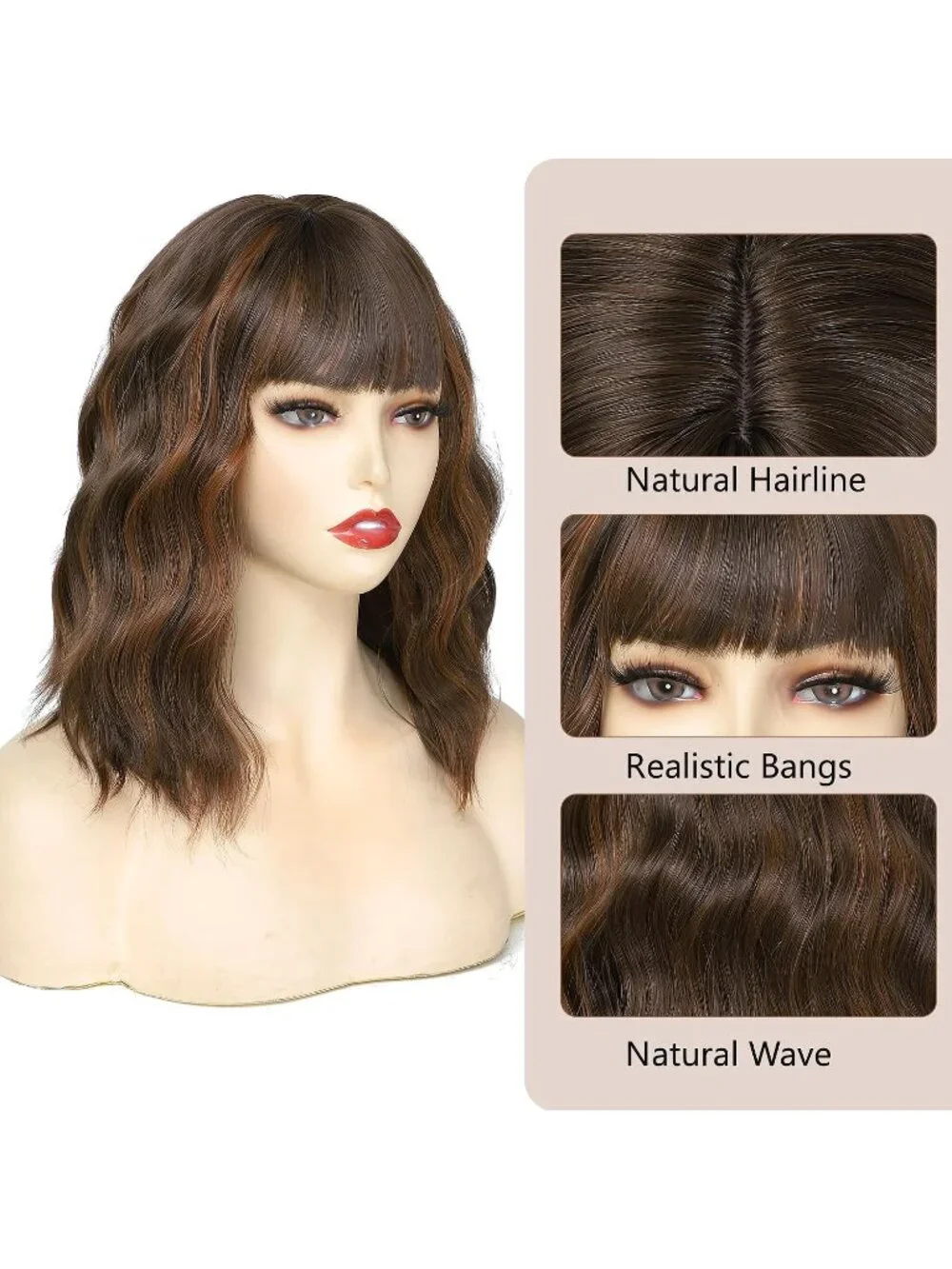 Women's Light Brown 14 Inch Heat Resistant Short Wavy Hair Pastel Bob Wig Bangs
